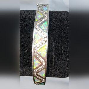 Vintage Sterling Silver Wave Of CZ &  Opal Bangle Bracelet